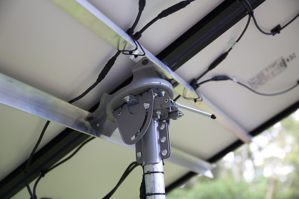 A tilting pole mount bracket used to angle a solar panel toward the sun